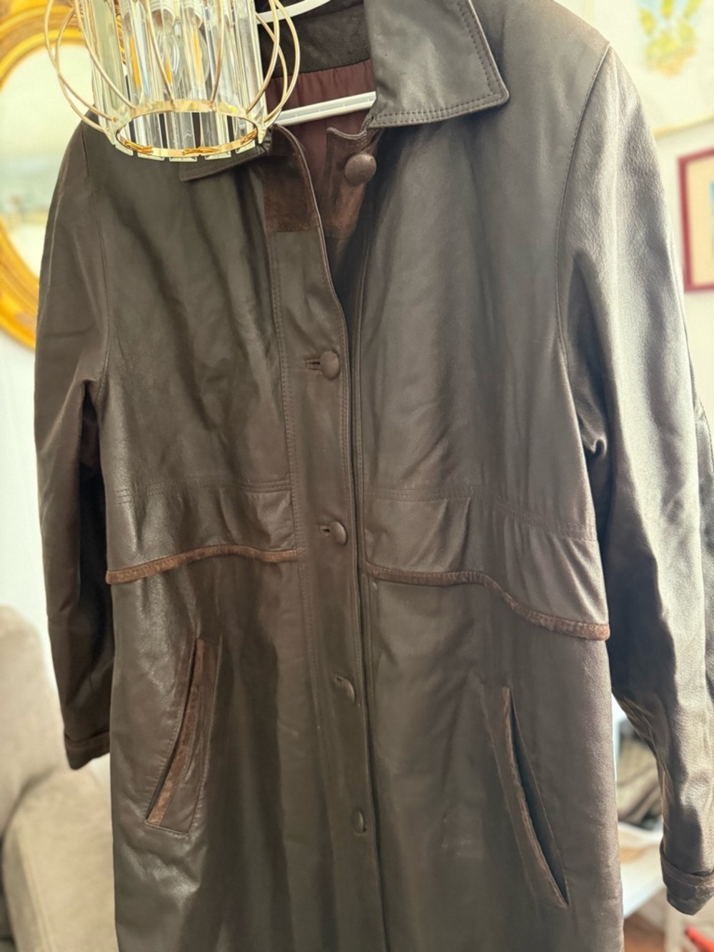 Vintage 90s Chocolate Brown Leather Suede Trim Long Trench Duster Grunge Matrix - Picture 5 of 8
